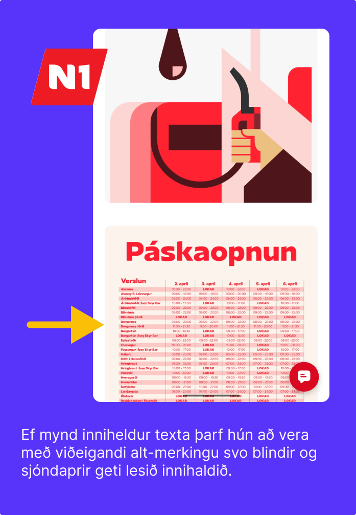 Ef mynd inniheldur texta þarf hún að vera með viðegandi alt-merkingu svo blindir og sjóndaprir geti lesið innihaldið.